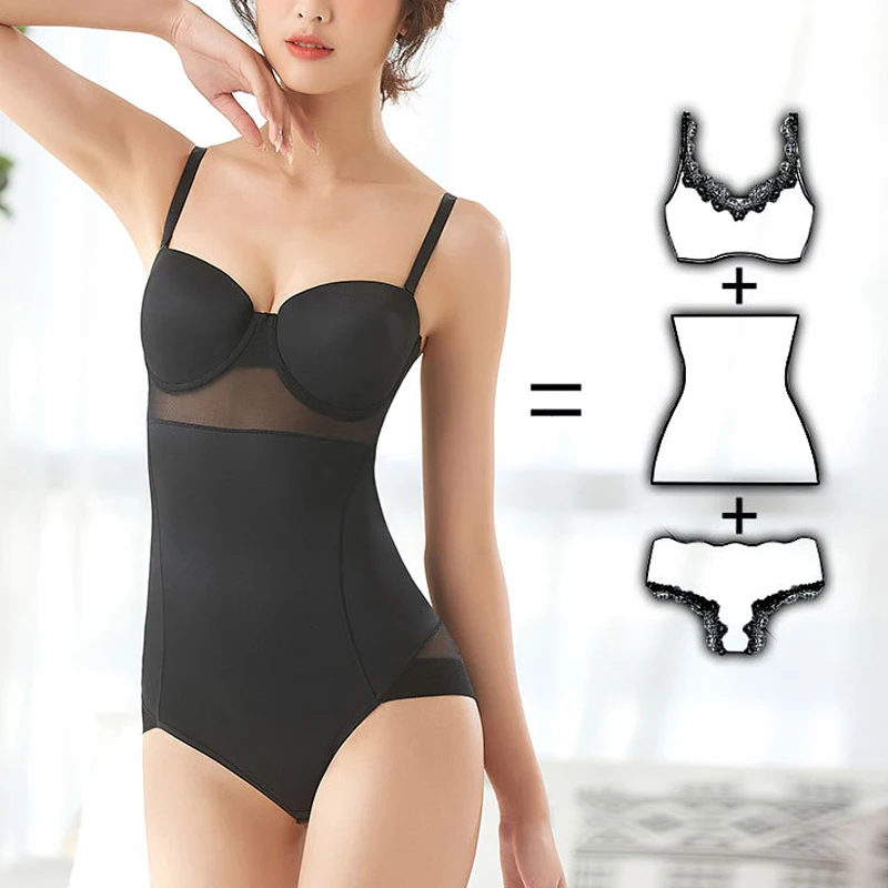 Damen Vintage Bodysuit Unterwäsche Verstellbare Bügel-Bodysuits Schwarz Dehnbar Nahtlose Shapewear Beige – Detail 3