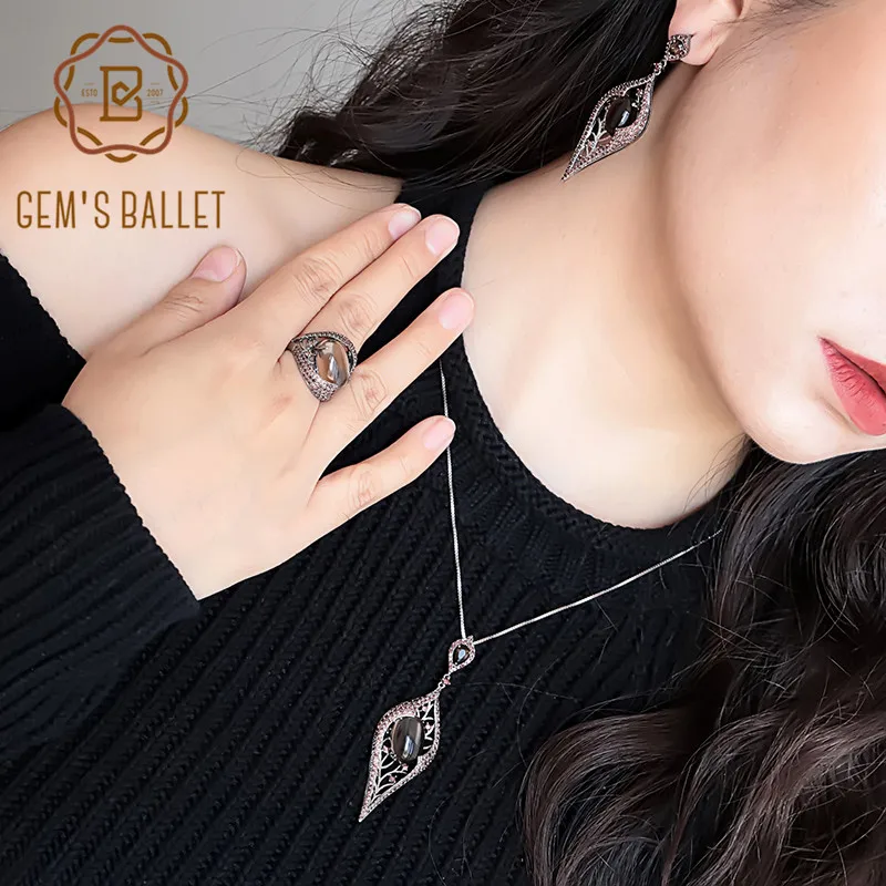 GEM\'S BALLET Natural Smoky Quartz Cocoa Jewelry Sets 925 Sterling Silver Earrings Ring Pendant Set For Women Luxury Jewelry