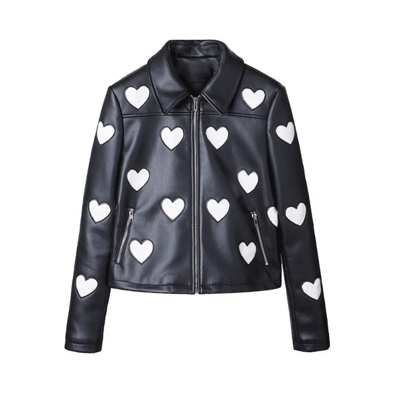 Cute Women Heart Pu Leather Jacket Street Sweet Turn down Collar Soft Slim Ladies Coat Black Long Sleeve Party Jacket Coats