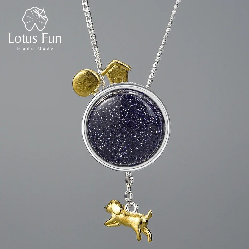 

Lotus Fun Real 925 Sterling Silver Natural Gemstone Handmade Fine Jewelry Dog Escape From the Earth Pendant without Necklace