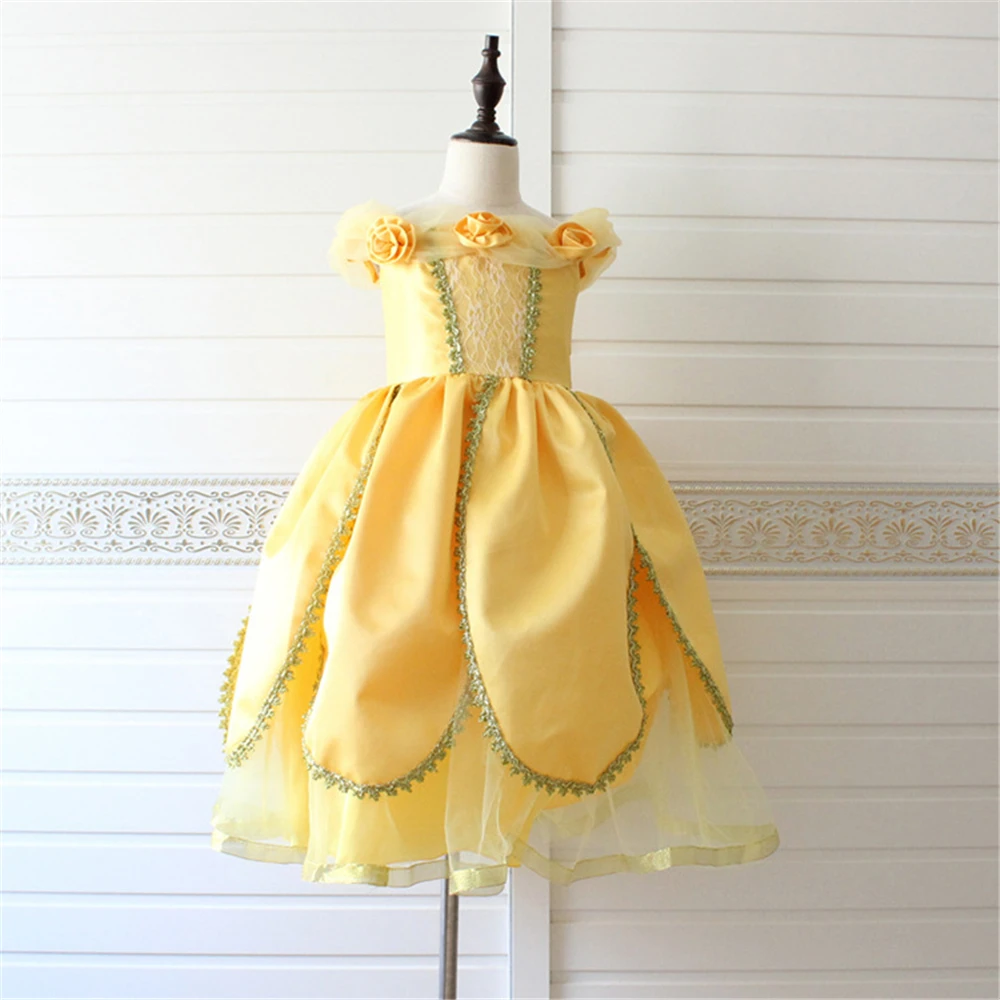 Toddler Girl Belle Dress Beauty and Beast Halloween Child Cosplay Costume Party giallo Fluffy Pageant abiti fata principessa parrucca