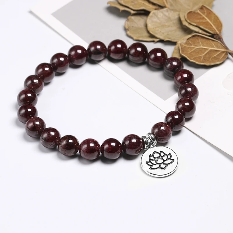 Natural Garnet Stone Wine Red 8mm Beaded Bracelet Men Jewelry Women Bracelets Lucky Energy Jewelry Tree Charm Yoga Gift