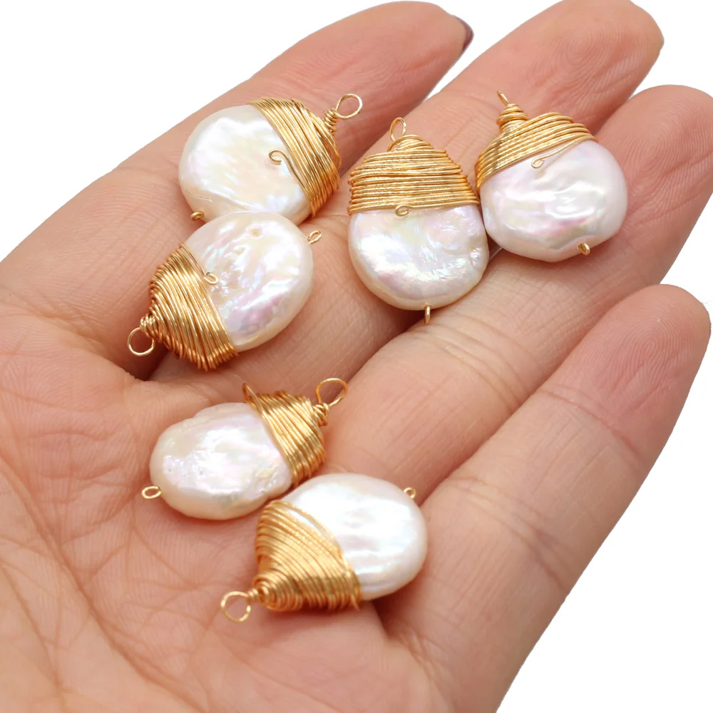 Natural Freshwater Pearl Pendant Oval Copper Wire Winding Pearl Charms Pendant for Women Jewelry Making DIY Necklace 15x22mm