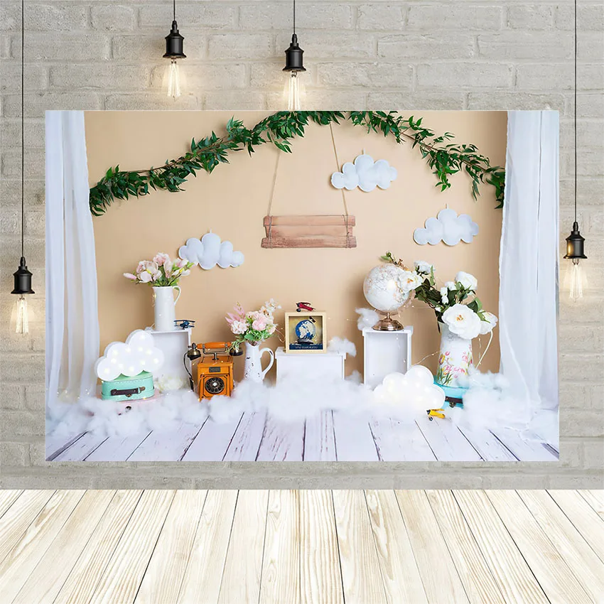 Avezano Holiday Photography Background Wooden Floor Curtain Flower Clouds Baby Portrait Backdrop for Photo Studio Photocall Drop