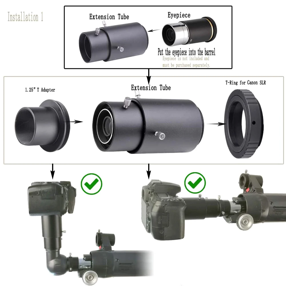 EYSDON 1.25" Variable Telescope Camera Adapter Extension Tube With Camera T Ring Adapter
