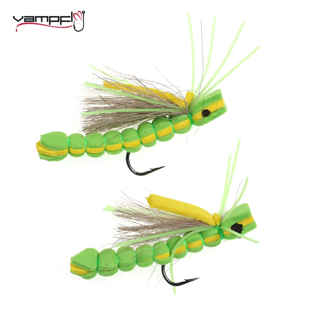 Vampfly 6pcs 4# Rubber Leg Foam Grasshopper Fly Dry Fly Baits Artificial Insect Lure For Trout Perch Salmon Bass Crappie Fishing