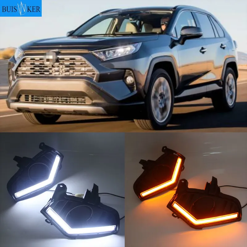 

2 шт. 12 В автомобиля DRL Светодиодный дневной светильник для Toyota RAV4 2019 2020 Белый DRL желтый указатель поворота светильник с отверстием для противотуманной лампы