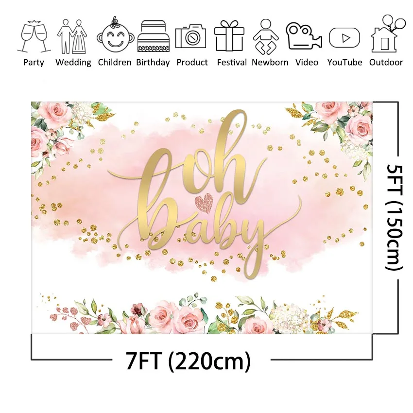 Moclicka Blush Pink Floral Oh latar belakang bayi Blush Rose Gold Girl Baby Shower pesta dekorasi latar belakang foto untuk pemotretan