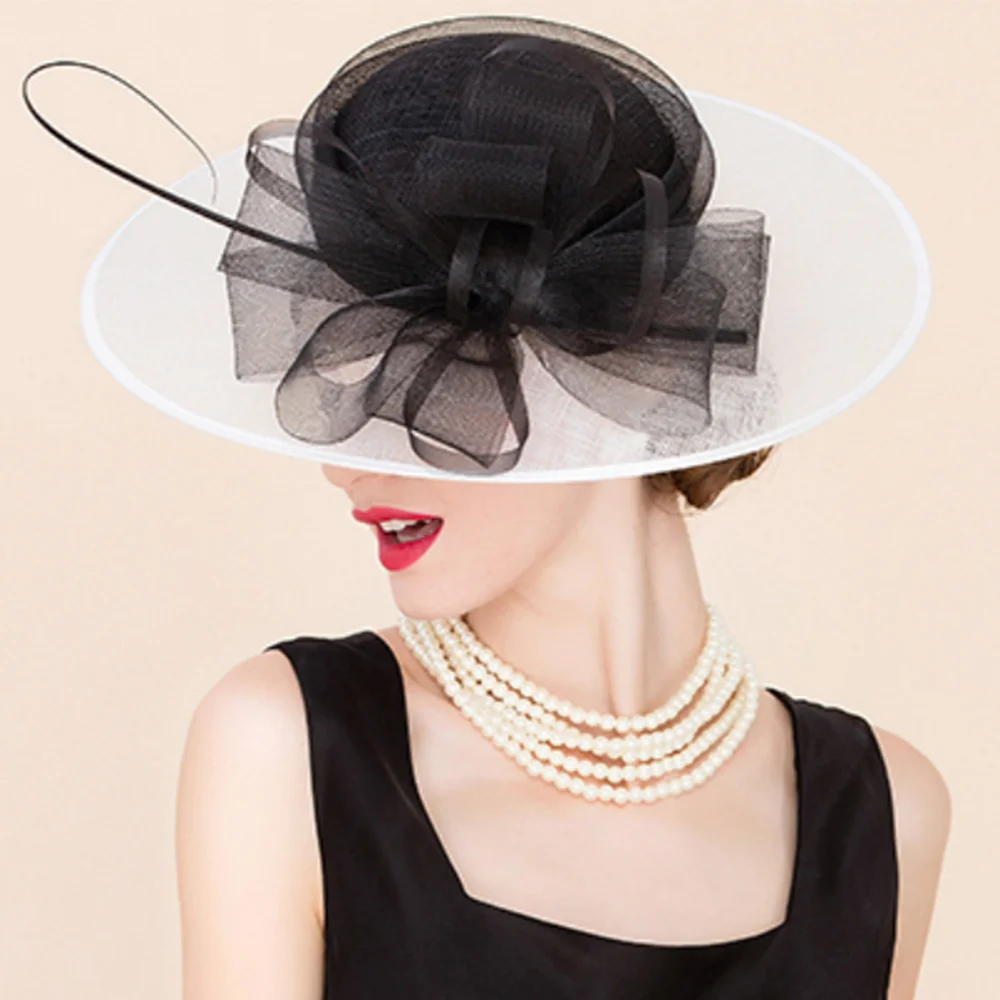 FS Black And White Patchwork Fascinator Hats For Wedding Church Sinamay Hats With Bowknot Kentucky Derby Hat Fedora Tea Party