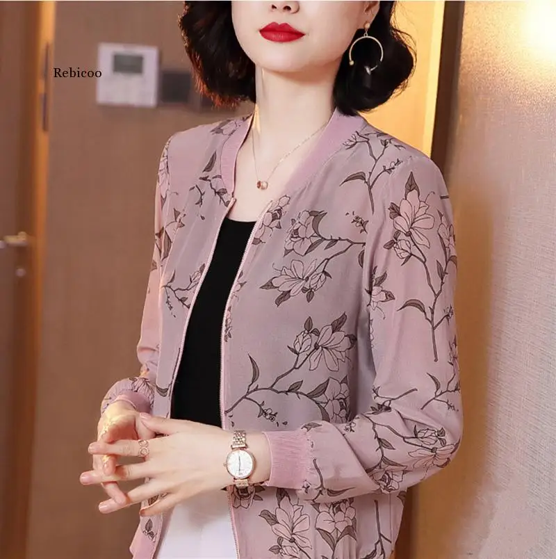 Fashion Summer Women Print Basic Jackets Thin Long Sleeve Loose Female Office Bomber Zipper Jacket Sunscreen