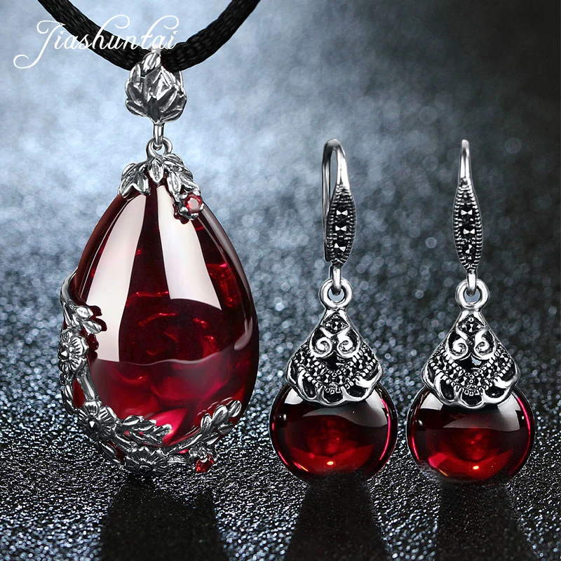 

ZHJIASHUN Retro 100% 925 Sterling Silver Garnet Jewelry Sets Vintage Natural Gemstone Pendant Necklac Drop Earrings For Women