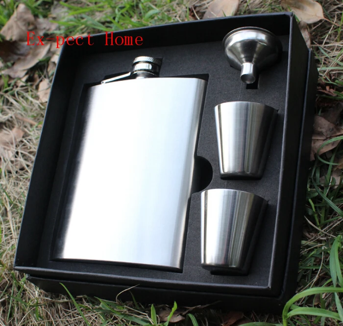 100pcs/lot Hip Flask 8oz set Portable Stainless Steel Flagon Wine Bottle Gift Box Pocket Flask 4pcs set without logo