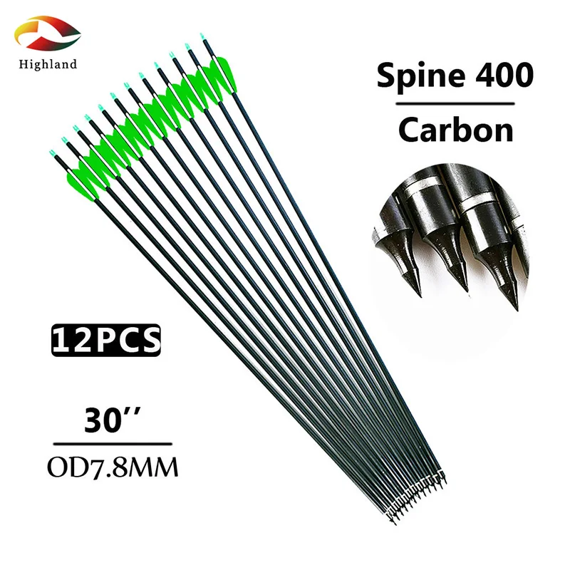 12pcs  26/28/30 inch Spine 400 Carbon Arrow OD 7.8mm for Compound Recurve Bow Hunting Archery Shooting Replaceable Arrowheads