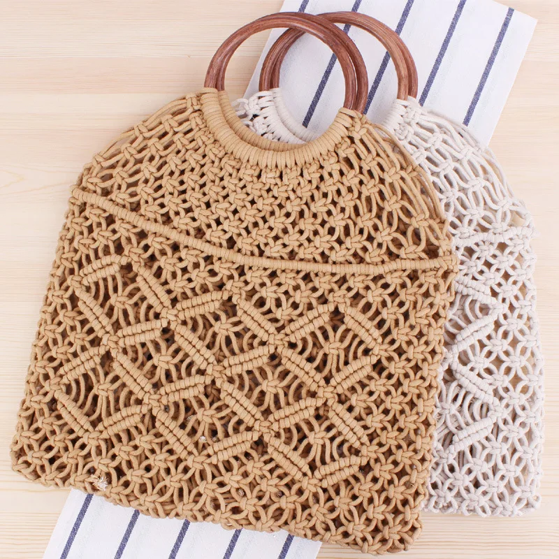 Baru Warna Solid Tas Woven Bag Tren Wanita Gaya Alami Tas Jerami Buatan Tangan Katun Tali Net Tas Tas Pantai a7171