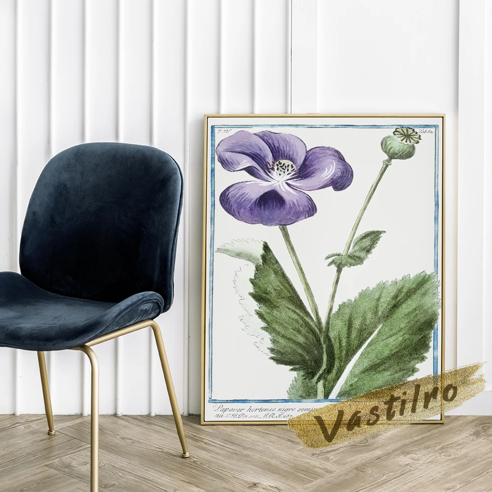 Giorgio Bonelli Papaver Poster, Bonelli Flower Leaf Wall Picture, Vintage Plant Art Prints, Purple Flower Green Leaf Wall Art