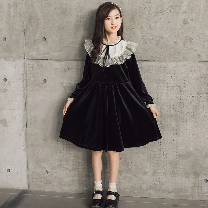 Girls Velvet Dress Lace Patchwork O Neck High Waist Knee Length Lolita Children Dresses Autumn Winter Kids Clothes 6-16 Years