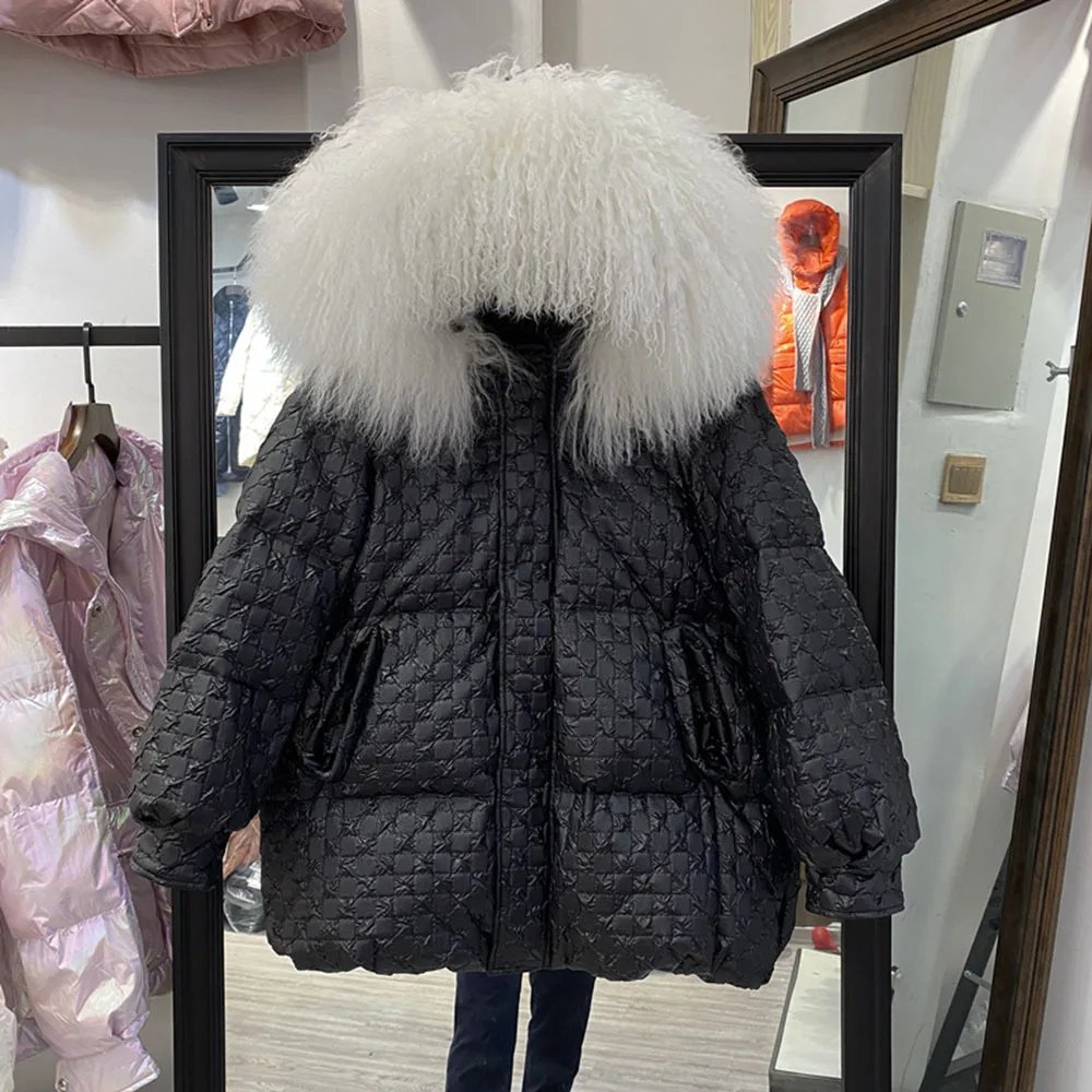 2021 Fashion Winter Real Lamb Fur Collar 90% Down Jacket Women\'s Warm Down Coat Korean Loose Thickening Warm Overcoats Female