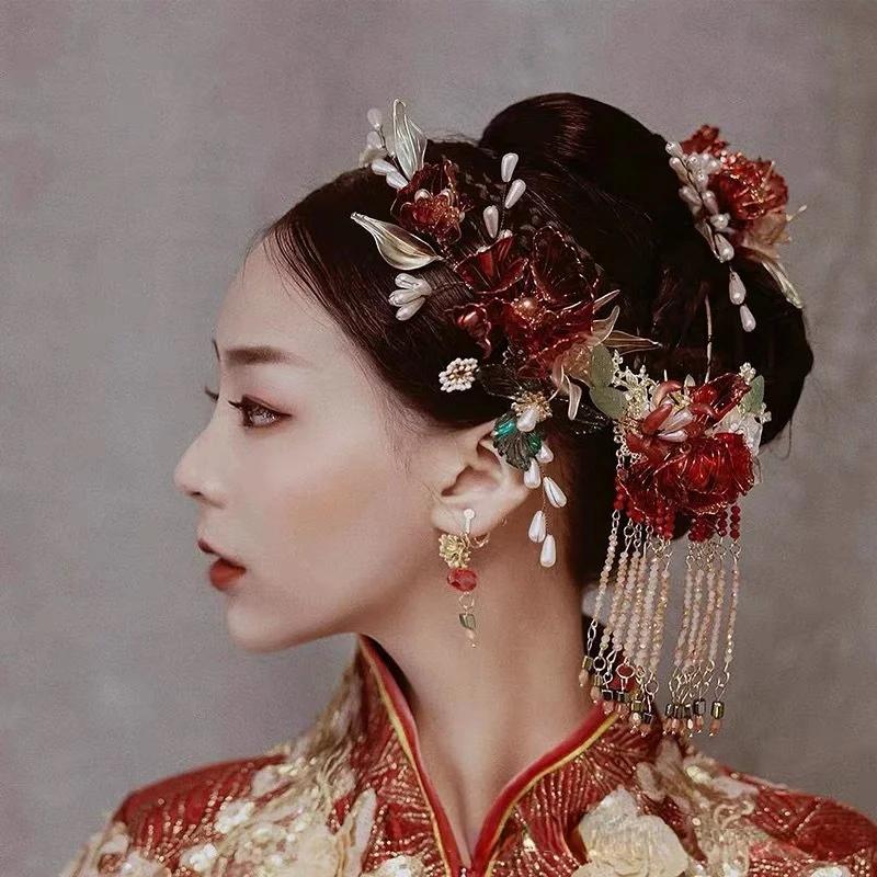 Red Flower Chinese Wind Bride Wedding Tiara Red Liquid Flower Classic Charm Studio Style Coronet Hair Jewelry