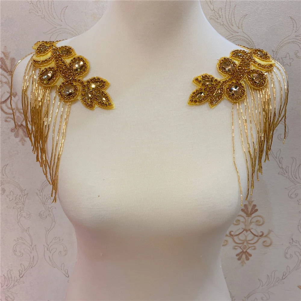 2pcs Handmade Crystal Beaded Rhinestone Applique Sew/Iron on  for  Shoulder Trim for wedding dress