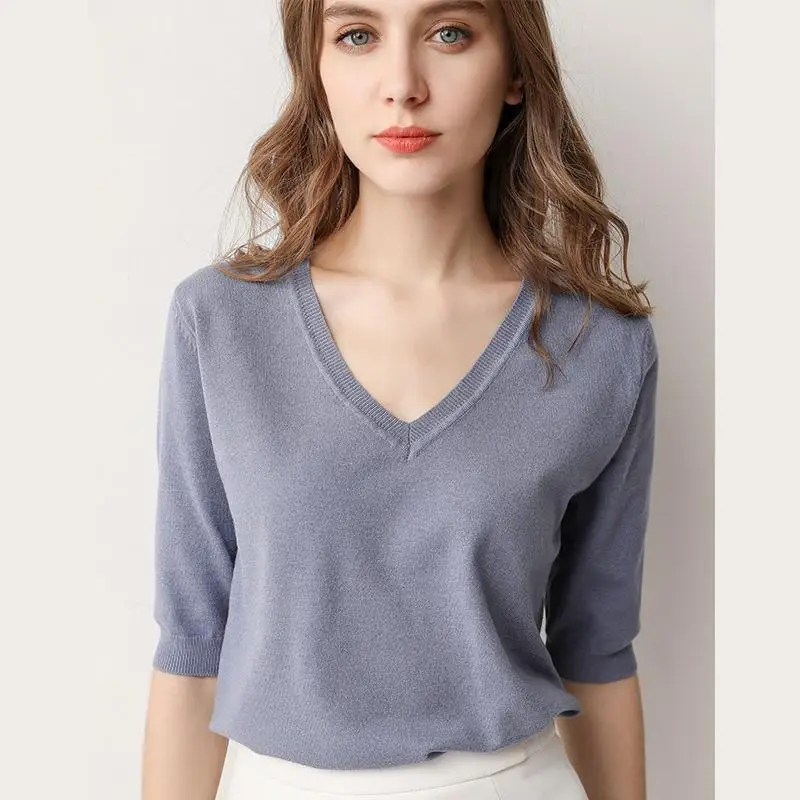 Pull en tricot à manches mi-longues pour dames, pull à col en V pour dames, mince, décontracté, fond doux, solide, document, printemps, été