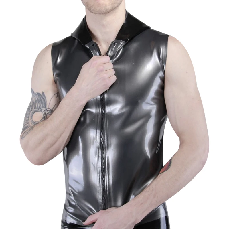 Silver With Black Sexy Latex Shirts With Hoodies Sleeveless Zipper At Front Rubber Tops High Collar Clothes YF-0306