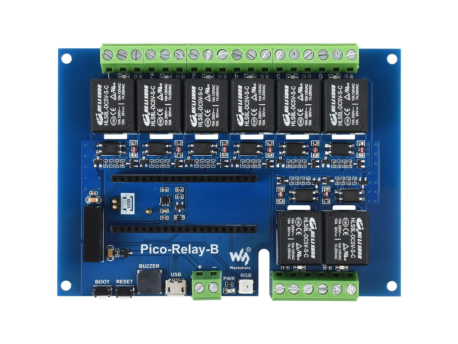 Waveshare Industrial 8-Channel Relay Module For Raspberry Pi Pico, Power Supply Isolation, Photocoupler Isolation