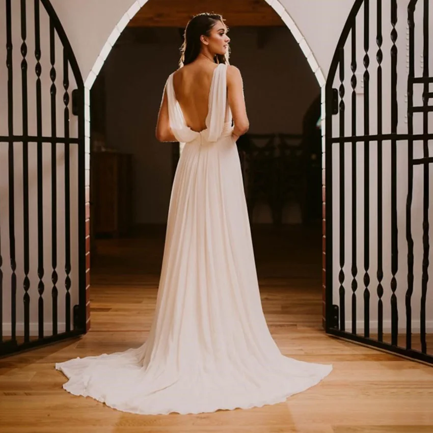 Vintage Griechischen Chiffon Hochzeit Kleider Backless V-ausschnitt, Ärmelloses Einfache Geraffte Brautjungfer Braut Kleid Hochzei EINE Linie Plus Größen