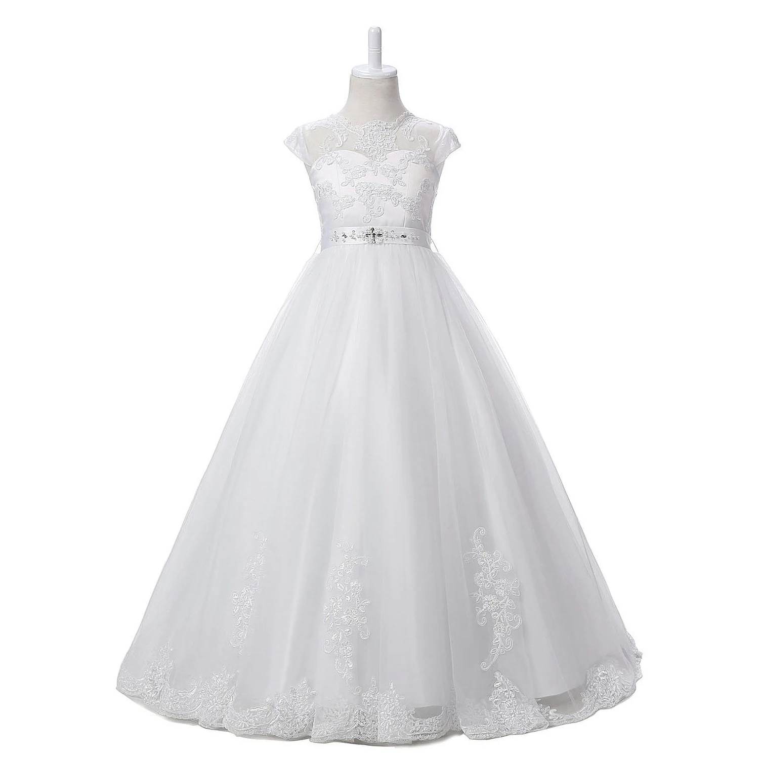 สีขาวชุดแต่งงานชุดเดรสดอกไม้ First Communion Scoop ลูกไม้ชุดเจ้าหญิงเด็กวันเกิด Party Gowns Vestido De Fiesta