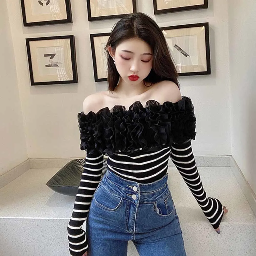 Women New Knitted Sweater Spring Autumn 2022 Korean Style Slash Neck Fungus Colorblock Pullovers Outwear Casual Knitwear Tops