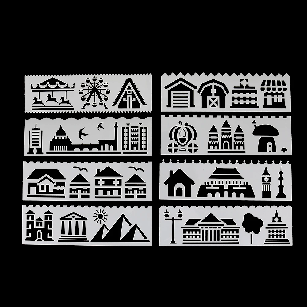 8Pcs/Lot Painting Stencils Building/Car/Cruise Ship Shaped DIY Painting Template Wall Stencil Painting Scrapbook Album Embossing