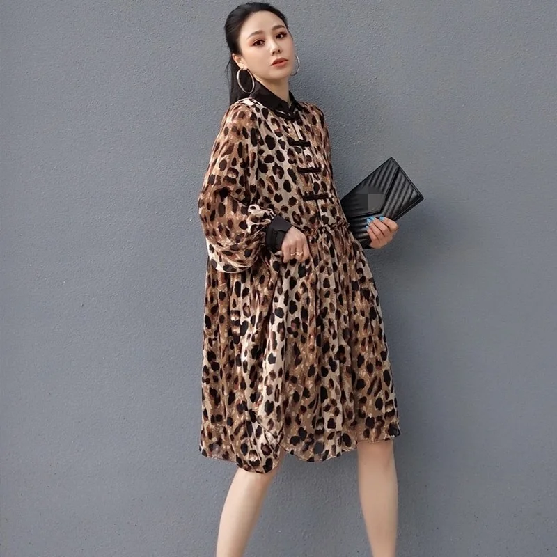 New Summer Office Lady Dress Streetwear Leopard Print Chiffon Midi Dress Fashion Loose Puff Sleeve Pullover A-Line Dress S-L