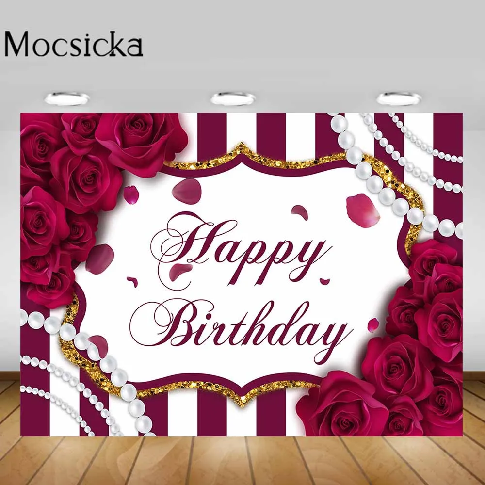 

Mocsicka Women Birthday Photography Backdrops Rose Red Flowers Stripe Photo Background Girls Birthday Party Decoration Photozone