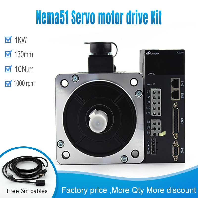 AC220V Nema51 130MM Frame 130ST-M10010 1KW  1000rpm 10n.m CNC Controller Servo Motor Driver Kit