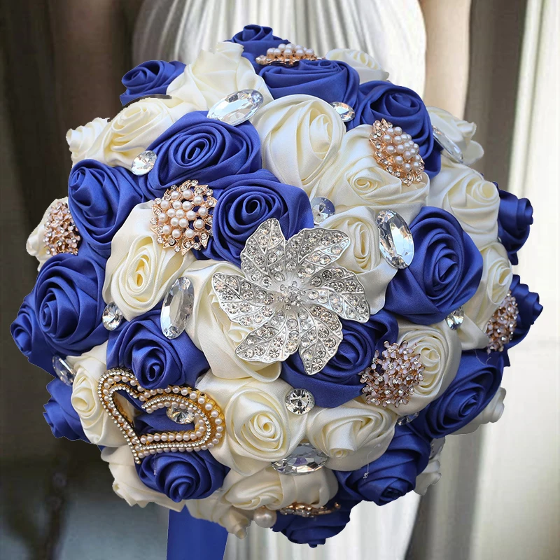 1 Stks/partij Paars Bruidsboeket Ivory Satin Rose Kunstmatige Bloemen Broche Huwelijk Strass Bruids Bruidsmeisje Boeketten