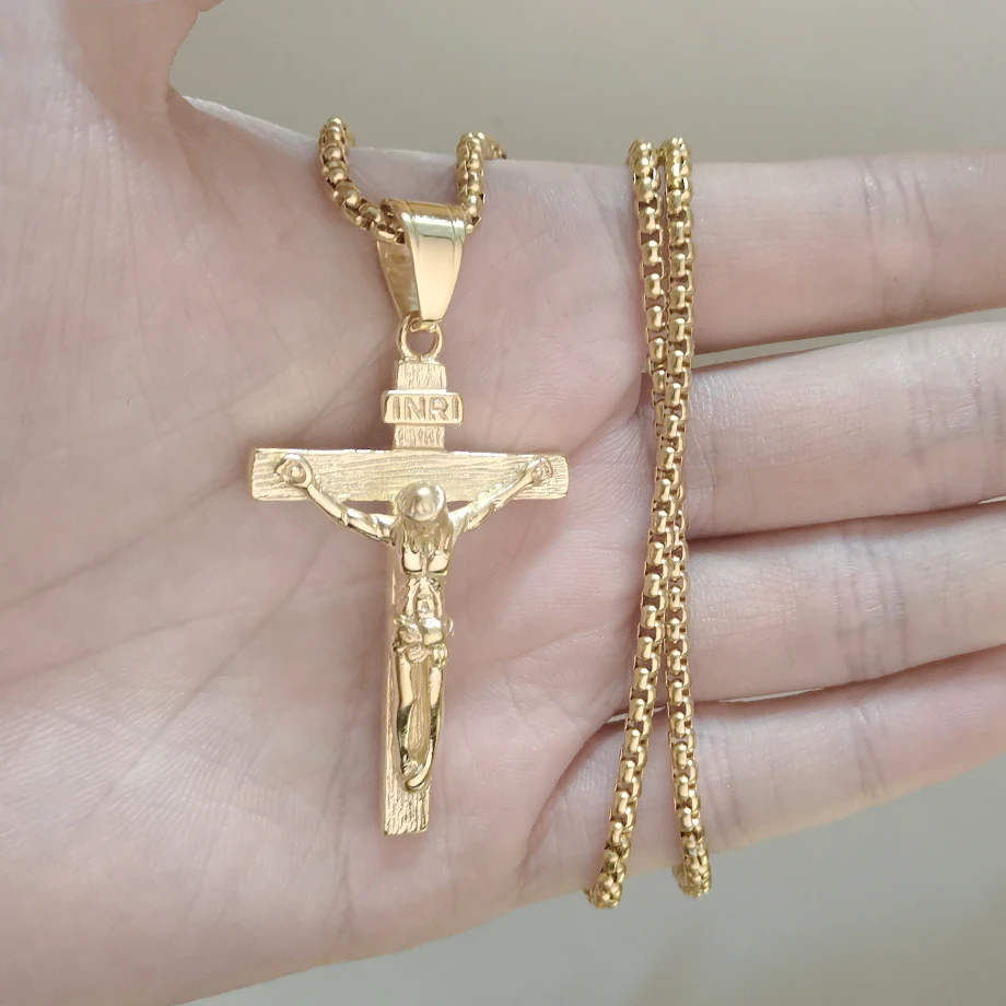 Crucifix Male Gold Color Stainless Steel INRI Jesus Cross Pendant Necklace For Men Women Gift Christian Jewelry Dropshipping