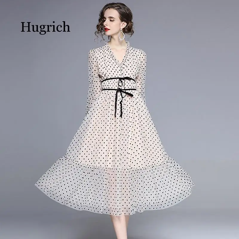 White Polka Dot Party Women Long Sleeve Casual Daily Causal Bohemian Style Chiffon Dress