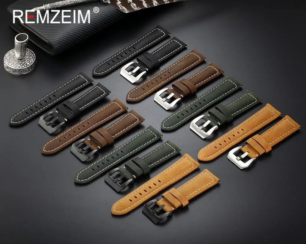 REMZEIM Crazy Horse Skin Cow Leather Watchband 20 22 24 26mm Watch Strap Bracelet Brown Black Green Replacement Watchband