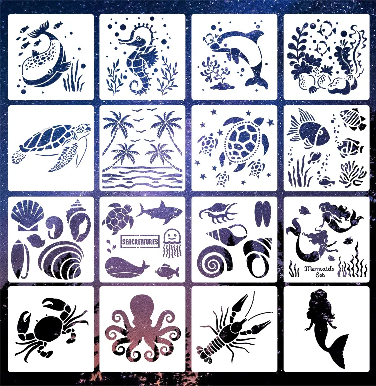 16Pcs 15*15cm Marine Ocean Animals DIY Layering Stencils Wall Painting Scrapbook Coloring Embossing Album Decorative Template