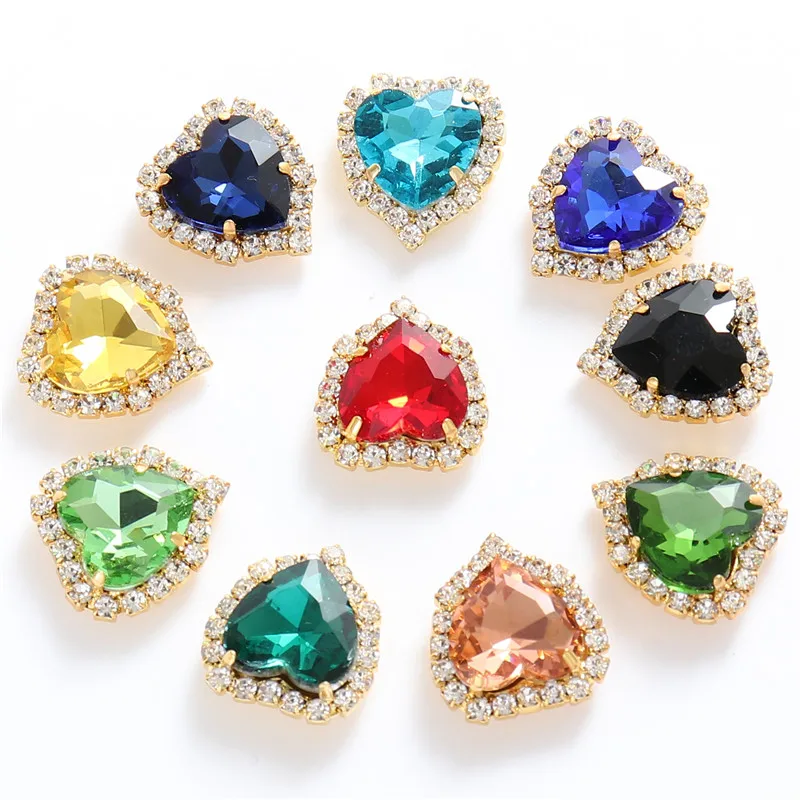 12mm 14mm Colorful Crystals Heart Glass Sew on Rhinestones With Golden Claw Flatback Sewing Supplies Stones For Diy Clothing