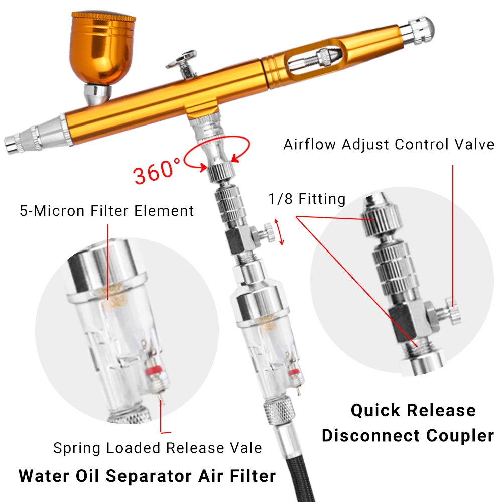 Auto Stop Function Dual-Action Airbrush With Compressor 0.2mm/0.3mm/0.5mm Gold Kit Spray Gun Power Touch Switch Cake Model