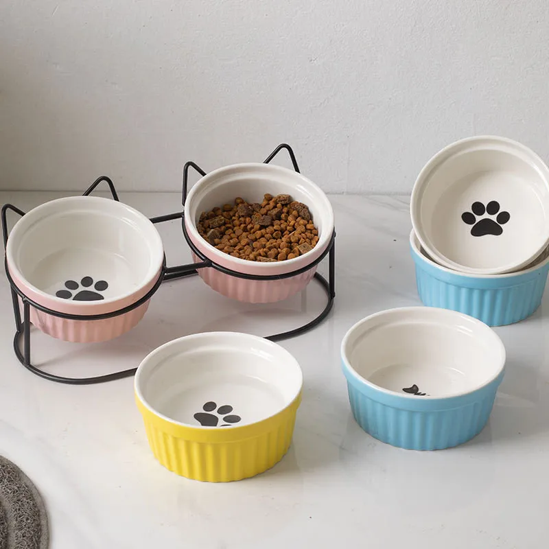 Cute Cats Dogs Feeders Bowls Double Ceramic Elevated Cat Bowls Pet Drinking Bowls Water Food Dishes Prevent Cervical Spondylosis