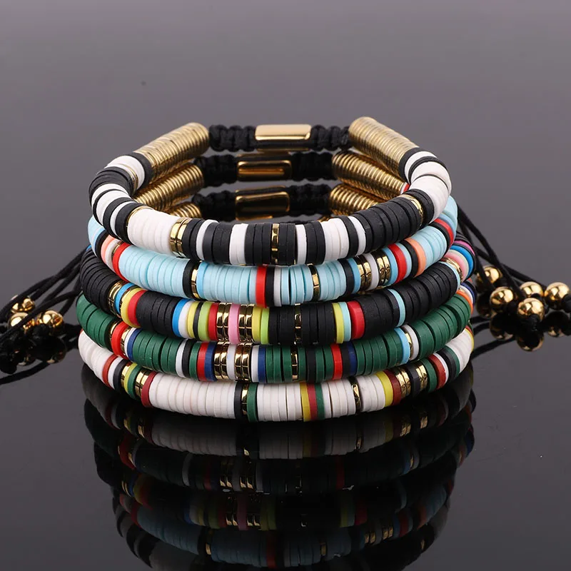 New Fashion Mix Color Polymer Clay Gold Hematite Beaded Macrame Bracelet Men Women