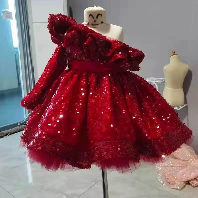 Vestido de lentejuelas de lujo para niña, vestido de princesa hasta la rodilla, vestido de fiesta de cumpleaños y Navidad