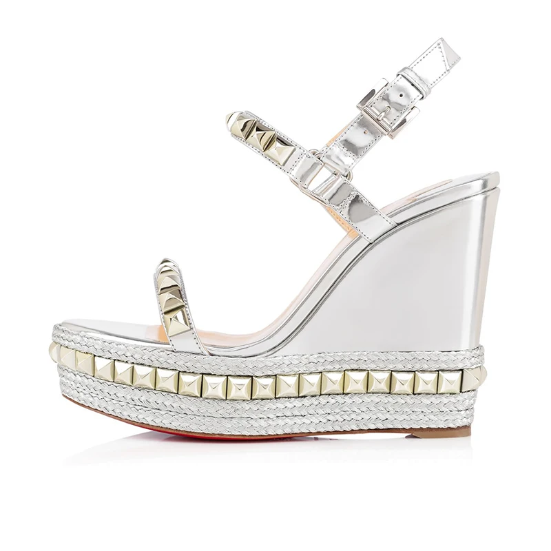 Rivet Wedges Sandals Waterproof Super High Heel Summer Women Shoes Ankle Buckle Round Open Toe Cut Out Silver Sandals