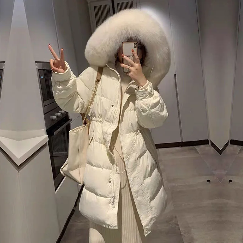 

Women's Large Fur Collar White Duck Down Coat 2021 New Winter Solid Color Zipper Hooded Waist Oversized Thick Chic Jacket