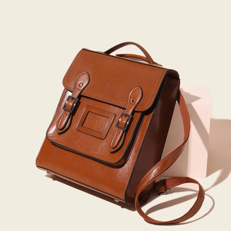 2022 New Genuine Leather Women\'s Backpacks Lady Flap Solid Color Square Back Bags Vintage Handbags Anti-Theft Woman Backpack