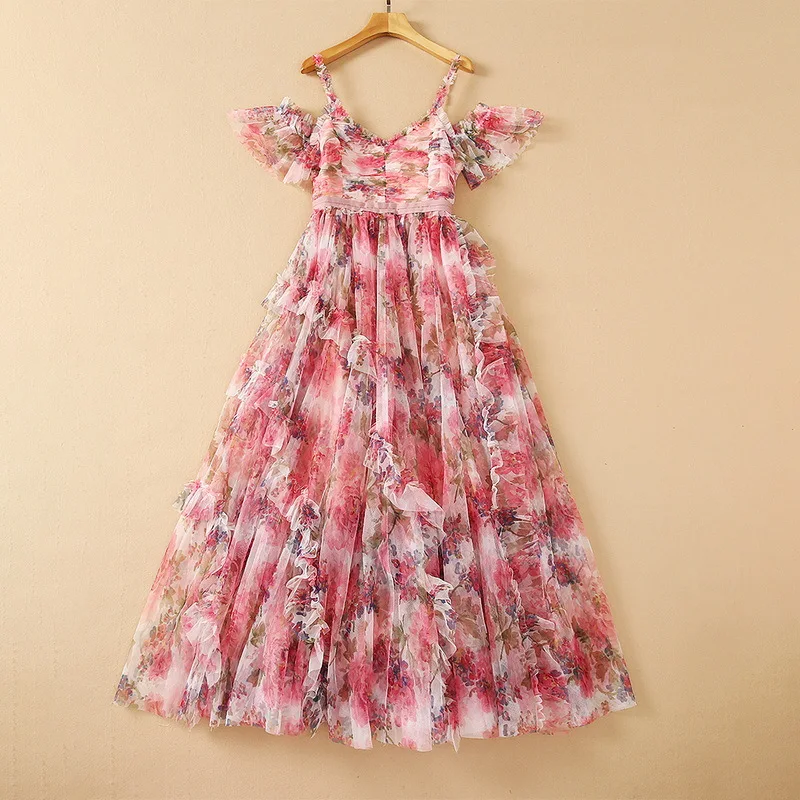 

European and American women's wear for summer 2021 The horn sleeve Dew shoulder Fashion mesh print pleated dress