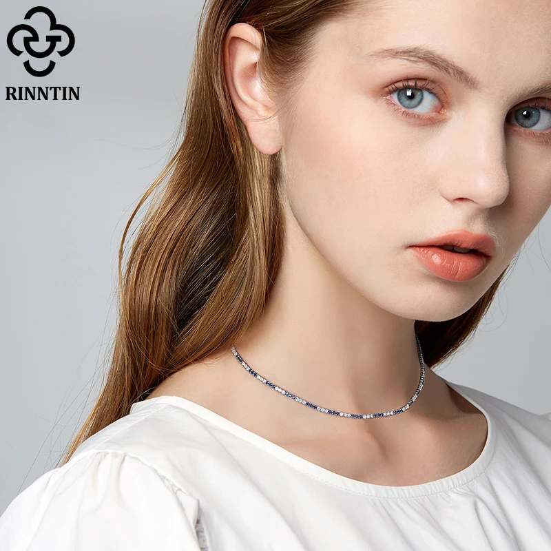 

Rinntin Clear and Blue Round Cut Cubic Zirconia 925 Sterling Silver Tennis Necklace with for Women Italian Chain Jewelry SC49