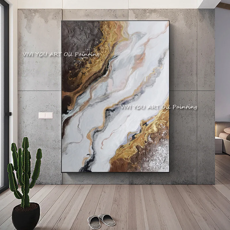 The Abstract Modern Top Sales Hand-painted Original Thick Oil Painting Home Decor Canvas Wall Art Beach Gold Gray Sea Waves