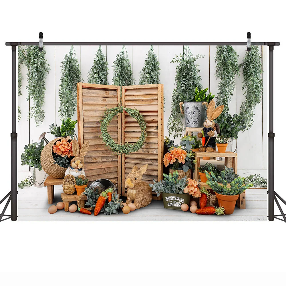 Happy Easter Party Backdrop Spring Rabbit Cake Smash Portrait Photo Background Colorful Eggs Flowers Grass Studio Photography